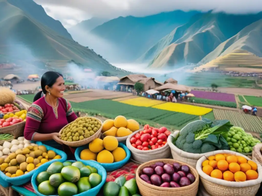 Un mercado vibrante en Perú con productos frescos, agricultura sostenible y montañas de los Andes