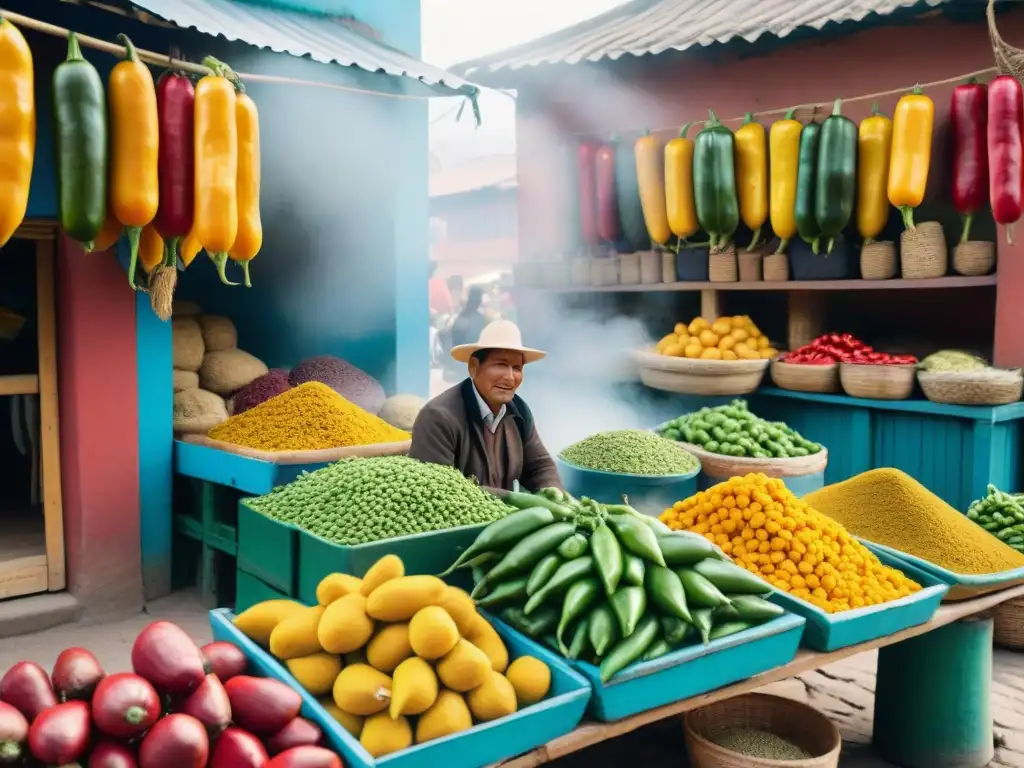 Un mercado vibrante en Perú con puestos de ají amarillo, resaltando los Beneficios del ají amarillo