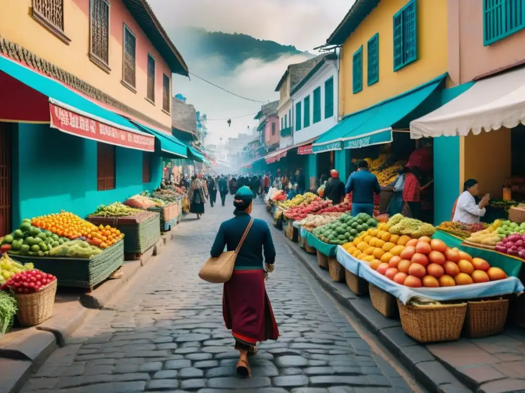 Un mercado vibrante en Lima, Perú, con puestos de frutas, verduras y artesanías locales