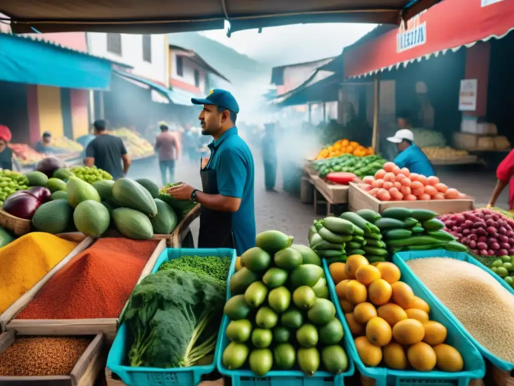 Mercado vibrante en Venezuela con puestos de frutas, vegetales y especias