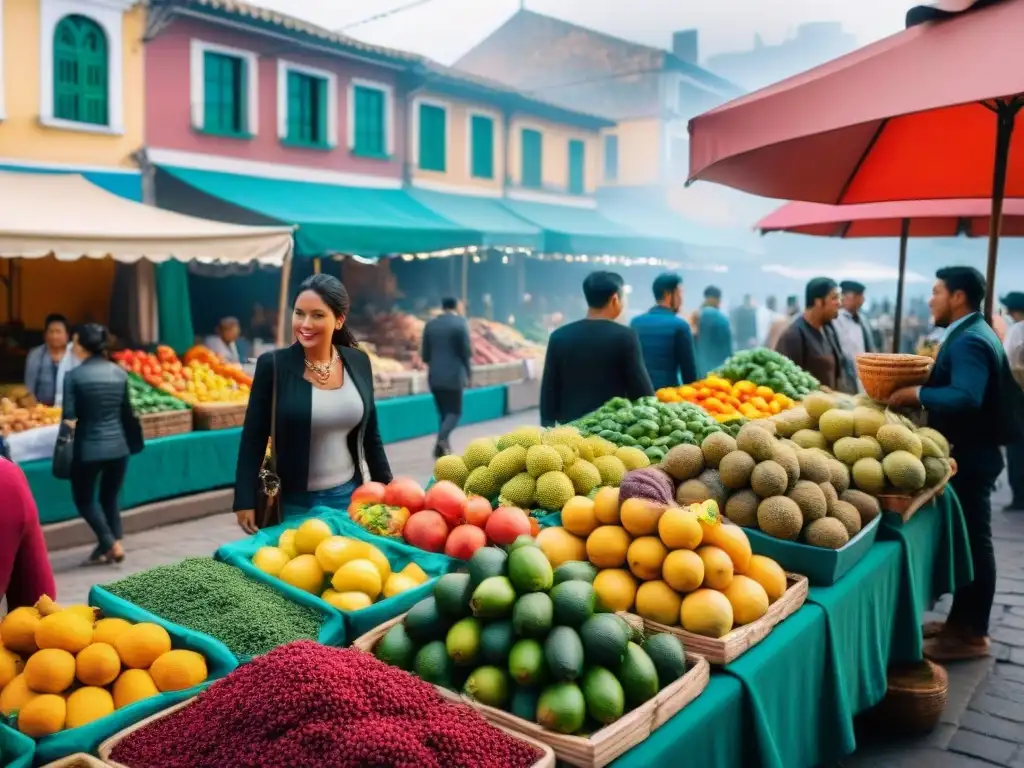 Un mercado vibrante en Lima, Perú, rebosante de sabores exóticos y colores, donde los vendedores ofrecen una experiencia culinaria de lujo