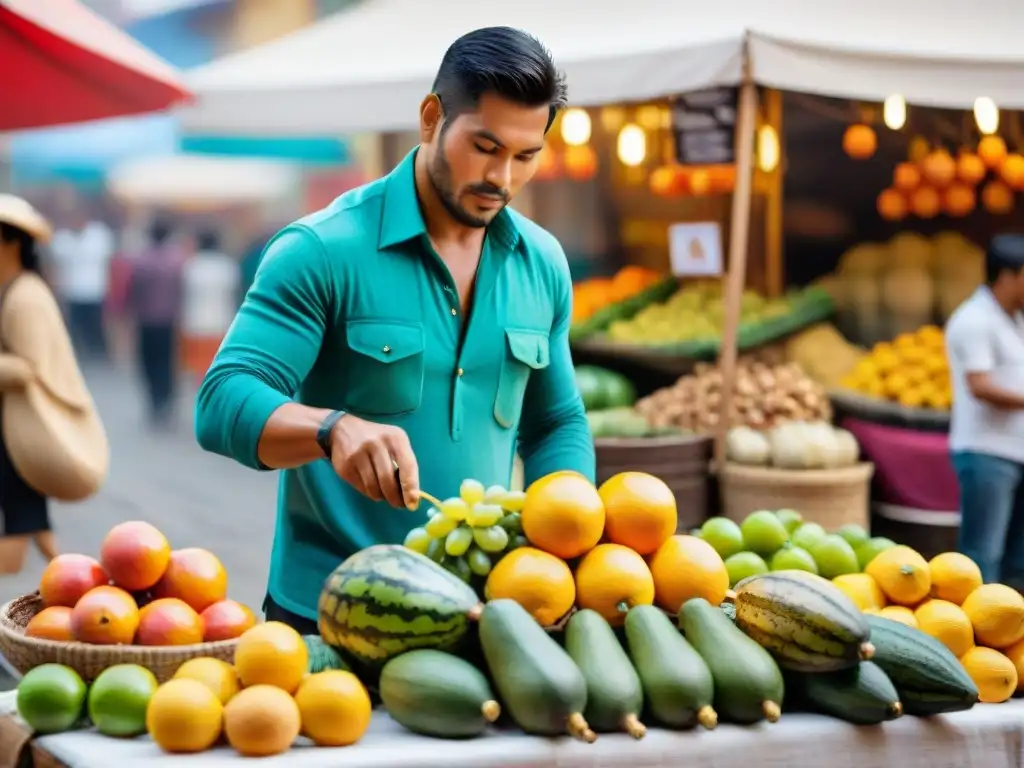 Un mercado vibrante en Perú con una refrescante receta de refresco de lúcuma peruana siendo preparada por un vendedor