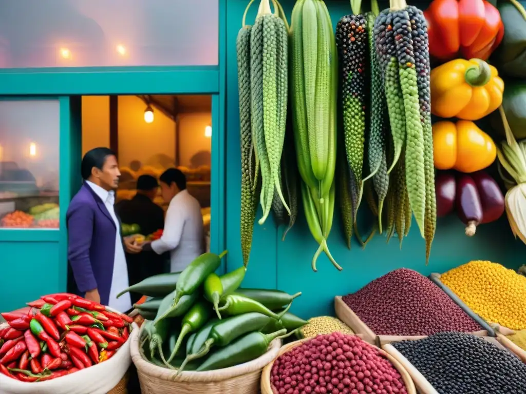 Un mercado vibrante en Lima, Perú, muestra la rica gastronomía peruana con ingredientes coloridos y exóticos