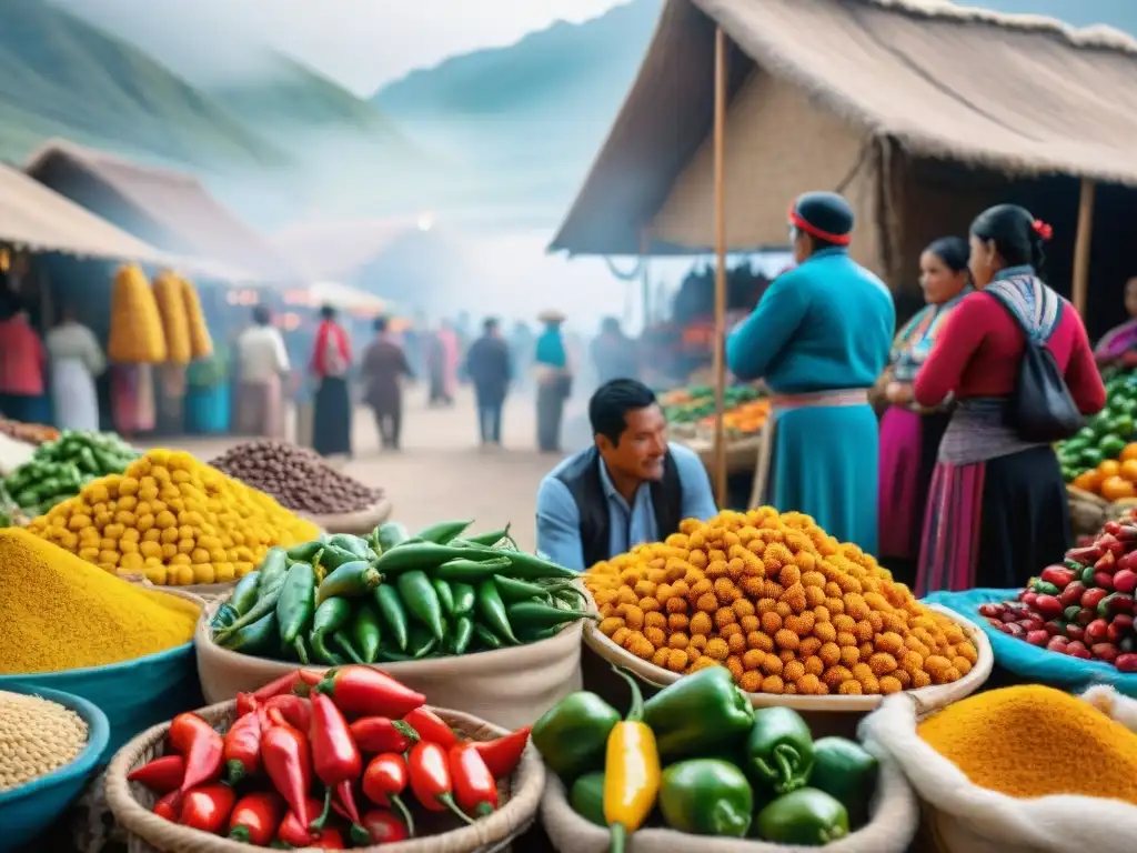 Un mercado vibrante en Perú con rocotos frescos y otros ingredientes tradicionales