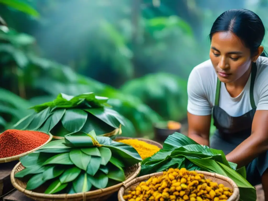 Mercado vibrante en la selva amazónica, con vendedores preparando Juane plato típico amazónico rodeado de ingredientes coloridos