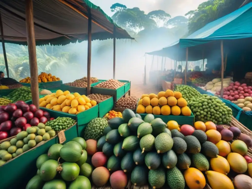 Mercado vibrante en la selva amazónica: frutas y colores únicos Un mercado vibrante en la selva amazónica con frutas, verduras y especias exóticas