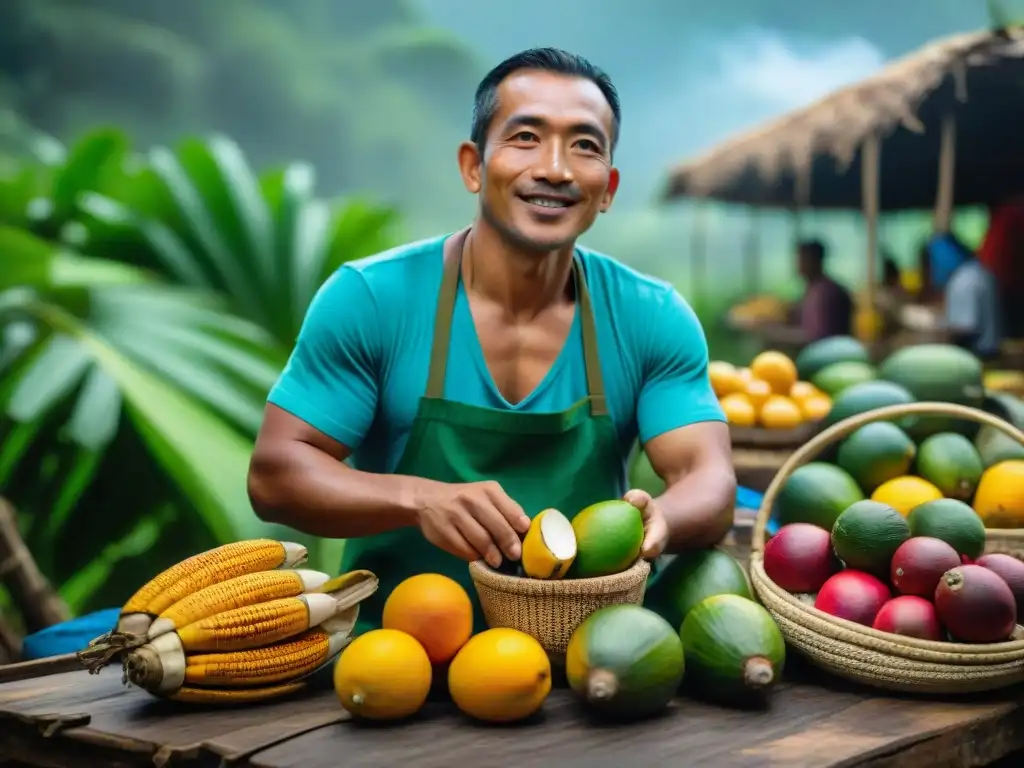 Mercado vibrante en la selva amazónica con coconas frescas en cestas tejidas