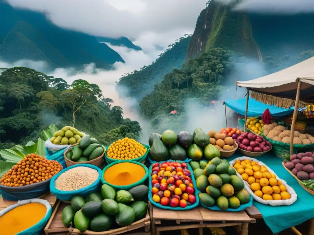 Un mercado vibrante en la selva amazónica peruana con ingredientes autóctonos