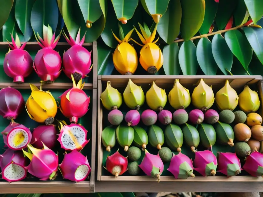 Un mercado vibrante en la selva peruana rebosante de frutas exóticas como lucuma y camu camu, cautiva a los clientes con sus colores y sabores