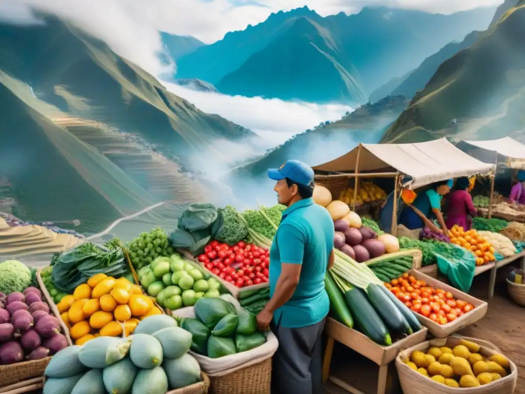 Mercado vibrante en Perú con agricultura sostenible y libros cocina peruana sostenible