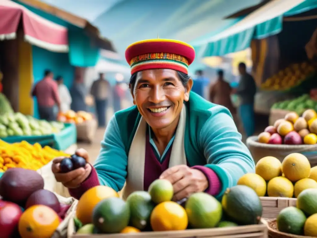 Un mercado en Perú con vibrantes frutas, destaca el tumbo: fruta ácida gastronomía peruana