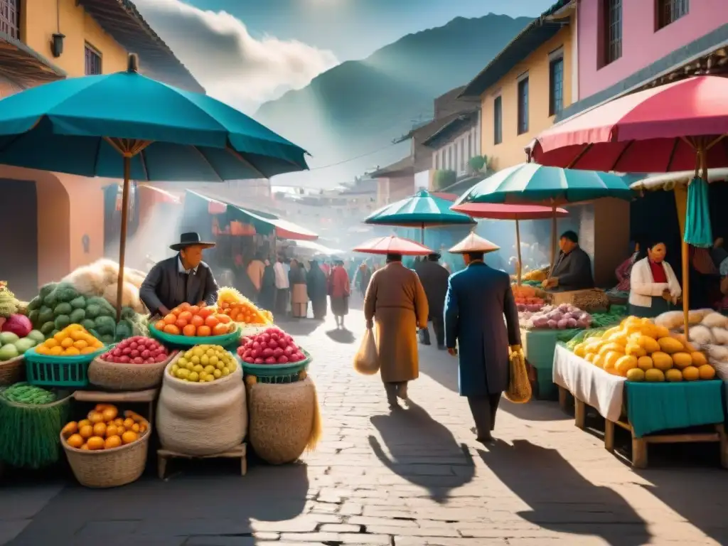 Fotografía en mercados peruanos auténticos: escena vibrante con vendedores, clientes, frutas y verduras coloridas bajo sombrillas