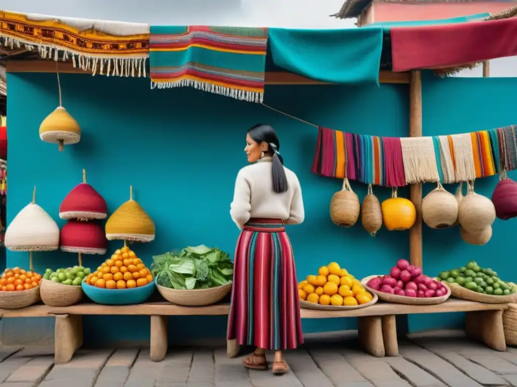 Fotografía en mercados peruanos auténticos: escena bulliciosa con colores vibrantes, textiles tradicionales y vendedores indígenas