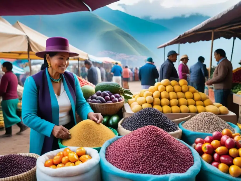 Mercados tradicionales con la gastronomía peruana autóctona en un bullicioso mercado de frutas y productos locales, con los Andes de fondo