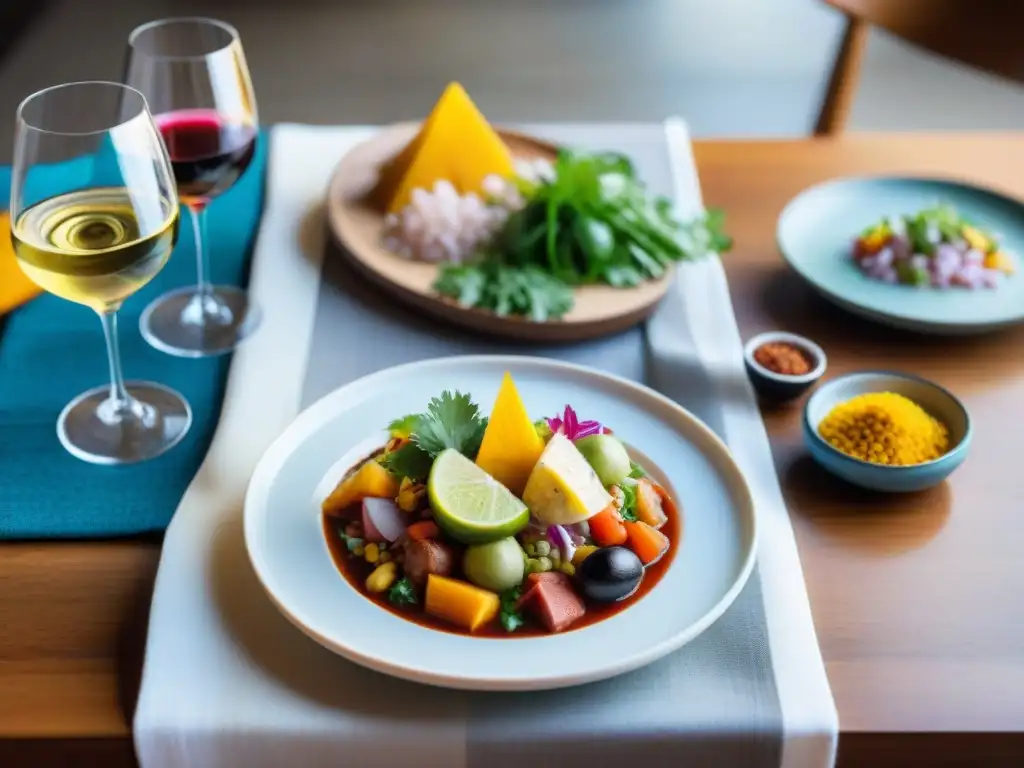 Una mesa hermosamente adornada con platos peruanos y vinos internacionales, maridaje perfecto