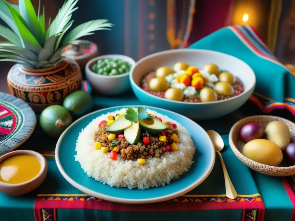 Una mesa de banquete inca llena de comida colorida y exótica, rodeada de cerámica y textiles incas, con un mercado inca al fondo