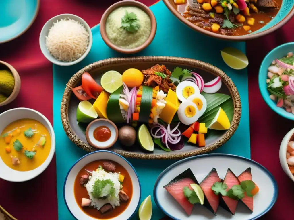 Una mesa de banquete peruano con ceviche, causa y lomo saltado