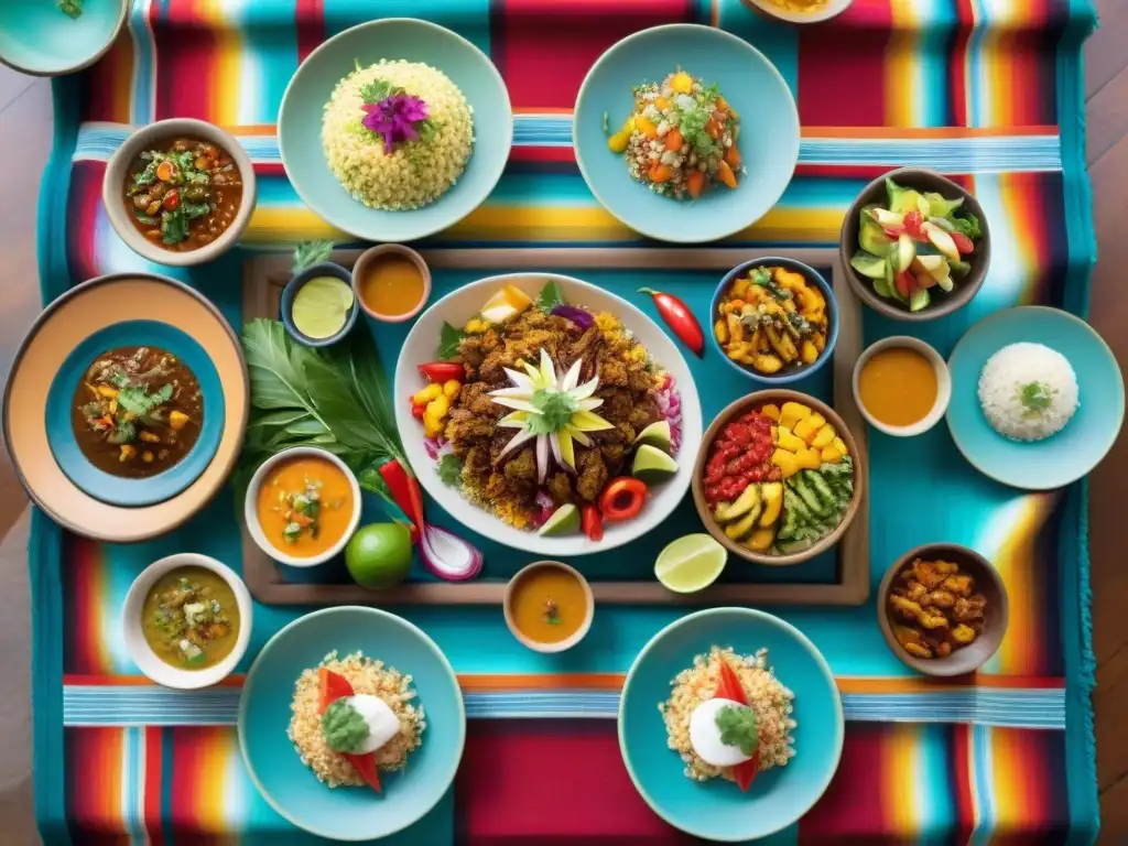 Una mesa de banquete peruano bellamente decorada con platos tradicionales en una composición colorida y detallada