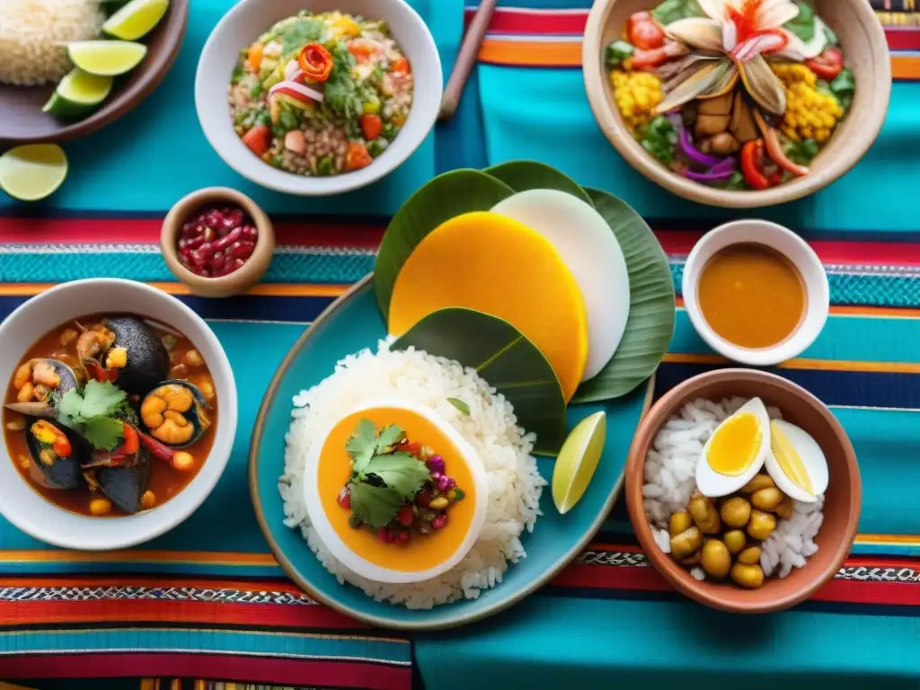 Una mesa de banquete peruano con platos coloridos y decoración tradicional