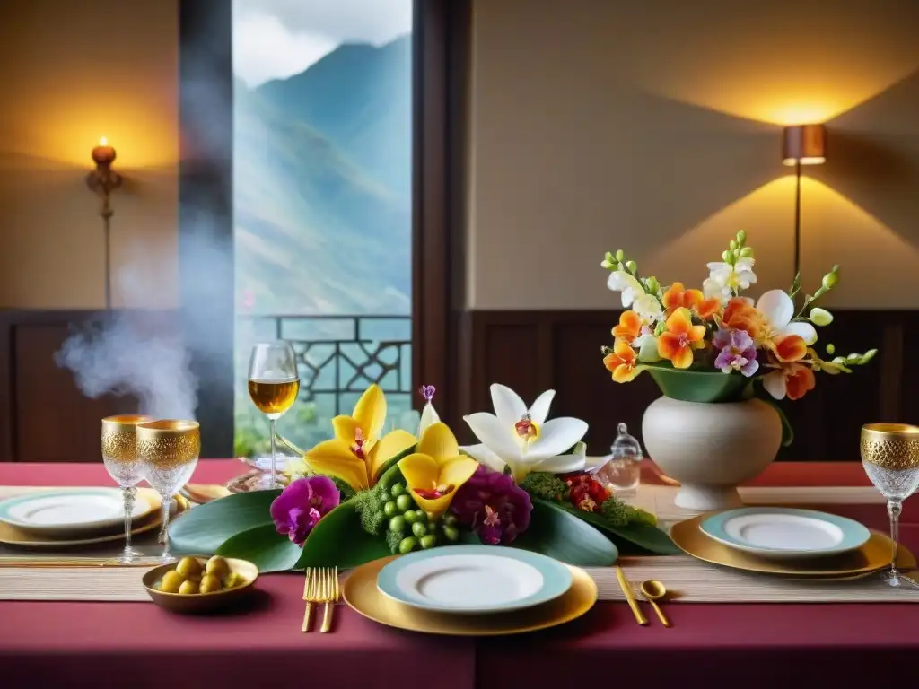 Una mesa de cena lujosa en restaurante de Lima con vajilla y flores peruanas, destacando la fusión gastronómica