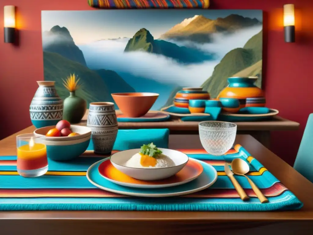 Una mesa de cena peruana con accesorios vibrantes y elegantes: textiles coloridos, vajilla cerámica, cubiertos de plata y copas delicadas