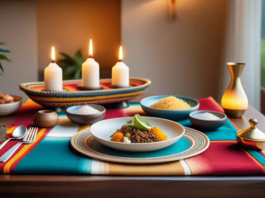 Una mesa de cena peruana bellamente decorada con accesorios tradicionales