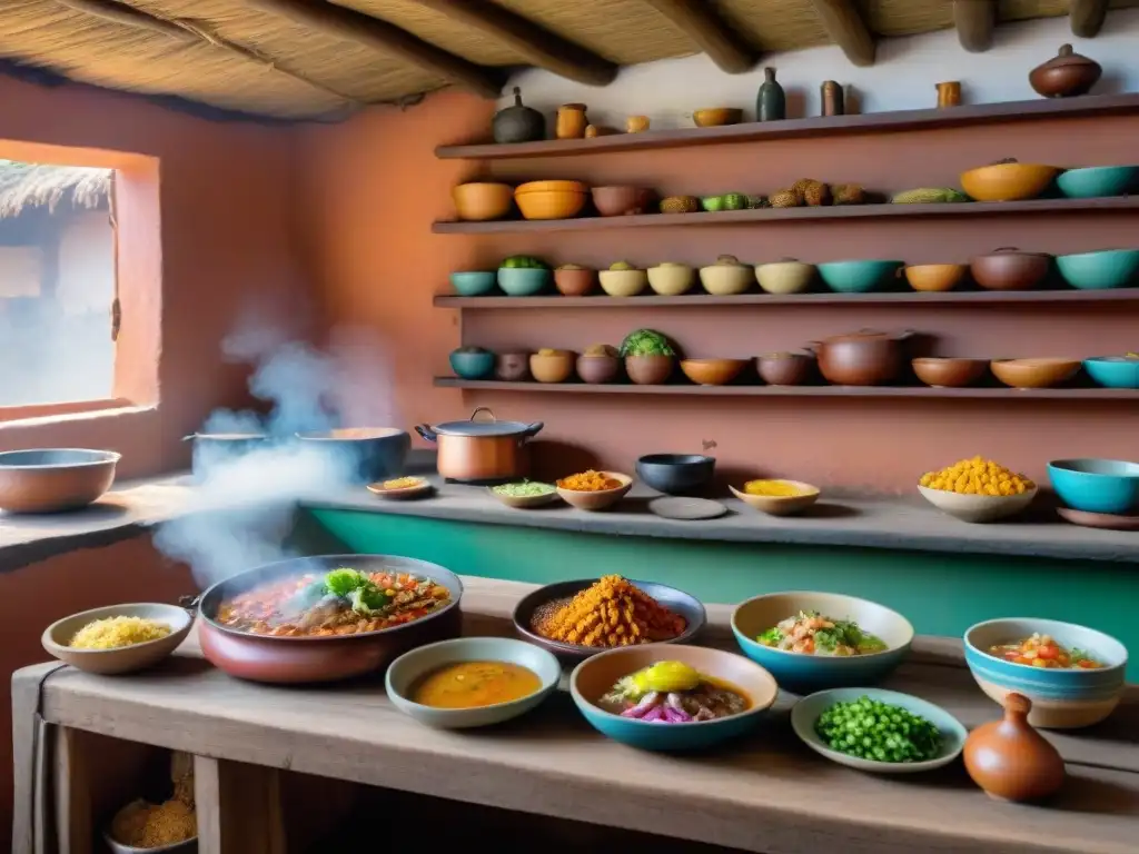 Una mesa de cocina peruana tradicional, con recetas familiares peruanas tradicionales como ceviche, lomo saltado y aji de gallina, rodeada de utensilios y textiles coloridos