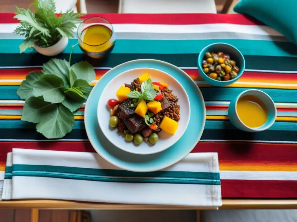 Una mesa de comedor bellamente decorada con copas elegantes, vinos y piscos peruanos, ceviche, lomo saltado y causa rellena