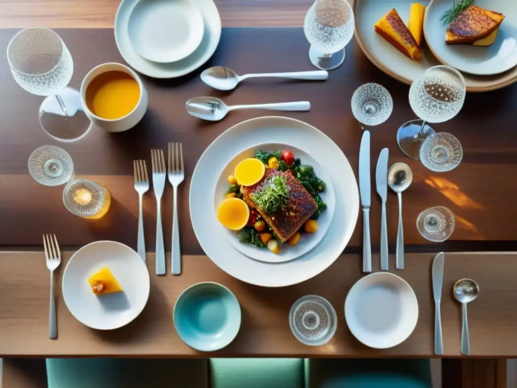 Una mesa de comedor bellamente decorada con una variedad de platos vibrantes y vajilla elegante en una mesa de madera rústica