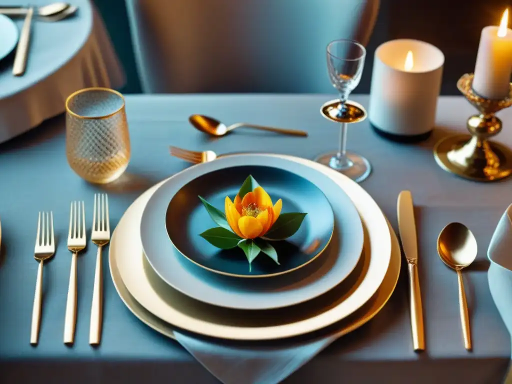 Una mesa de comedor perfectamente montada con vajilla exquisita, cubertería pulida y arreglos florales intricados