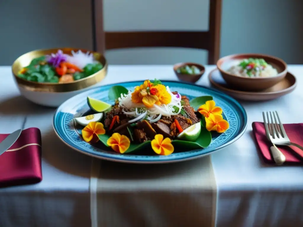 Una mesa de comedor peruana exquisitamente decorada con vajilla tradicional y platos coloridos, capturando la esencia de la etiqueta en la presentación gastronómica