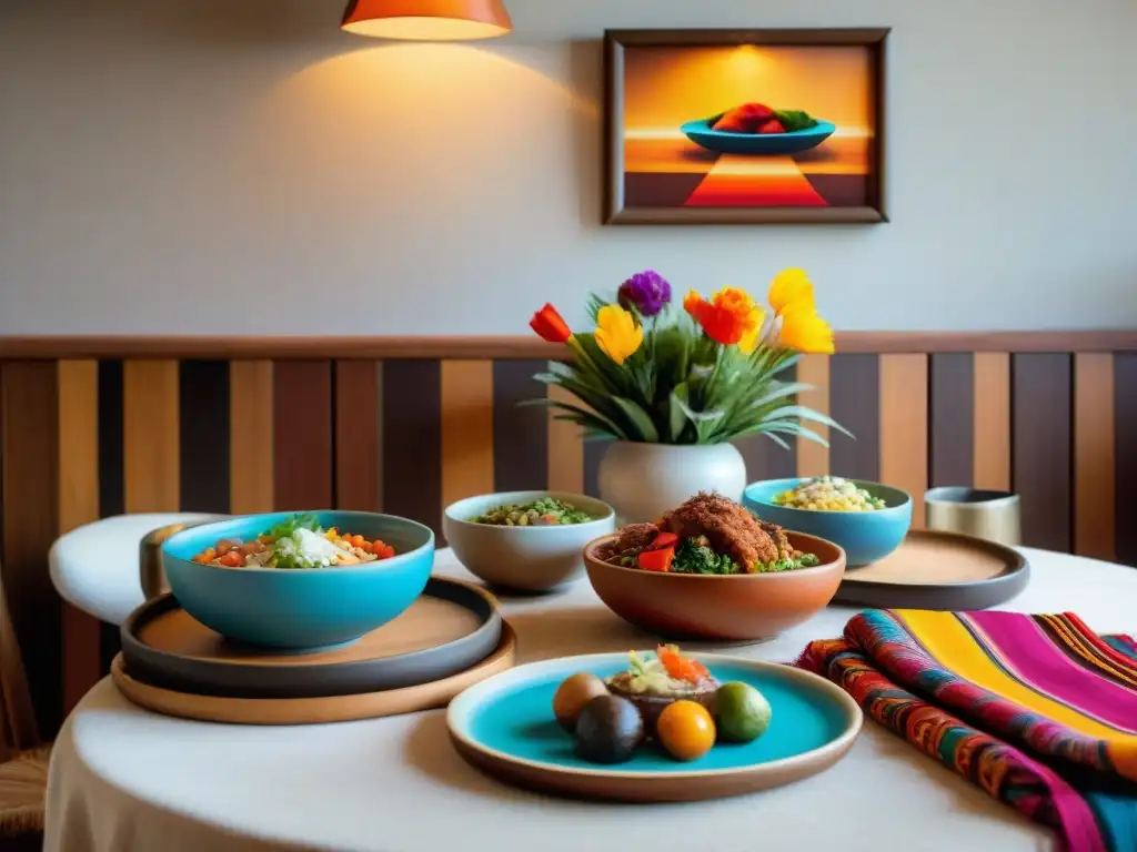 Una mesa de comedor peruana tradicional con vibrantes textiles, cerámica intrincada y platos típicos en un ambiente acogedor