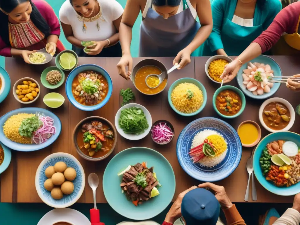 Una mesa comunitaria en Perú repleta de comida peruana autóctona, donde personas de diversas culturas comparten historias y sabores