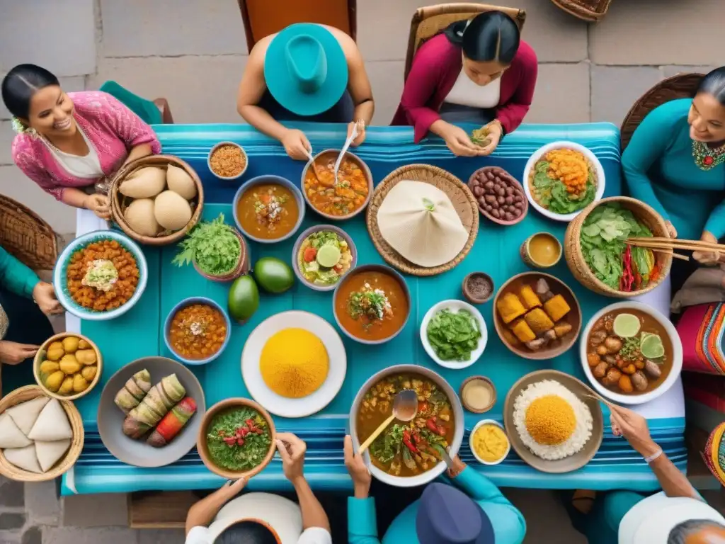 Una mesa comunitaria llena de platos tradicionales peruanos, gente diversa comparte risas y conversaciones