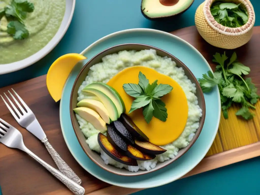 Una mesa bellamente decorada con un abundante Ajiaco de Papas colombiano, rodeada de coloridos detalles y luz natural cálida