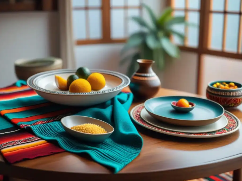 Una mesa elegantemente decorada con accesorios de mesa para cena peruana, crea un ambiente cálido y acogedor