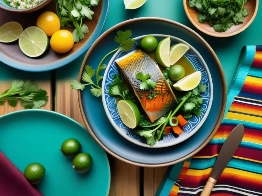 Una mesa bellamente decorada con un chilcano de pescado casero humeante, cilantro fresco y limón