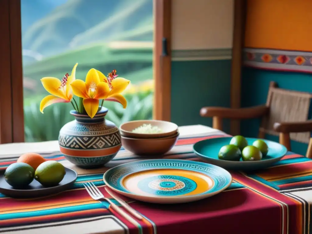 Una mesa bellamente decorada al estilo peruano con textiles vibrantes, cerámica hecha a mano y flores nativas