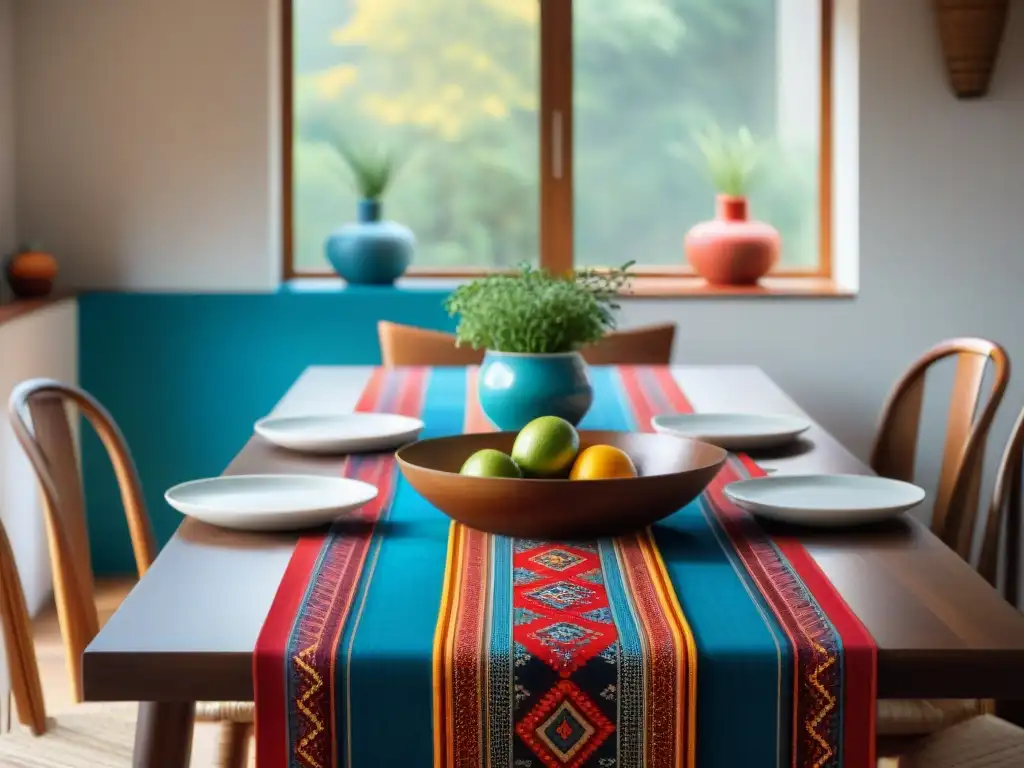 Una mesa bellamente decorada con mantel peruano y platos típicos