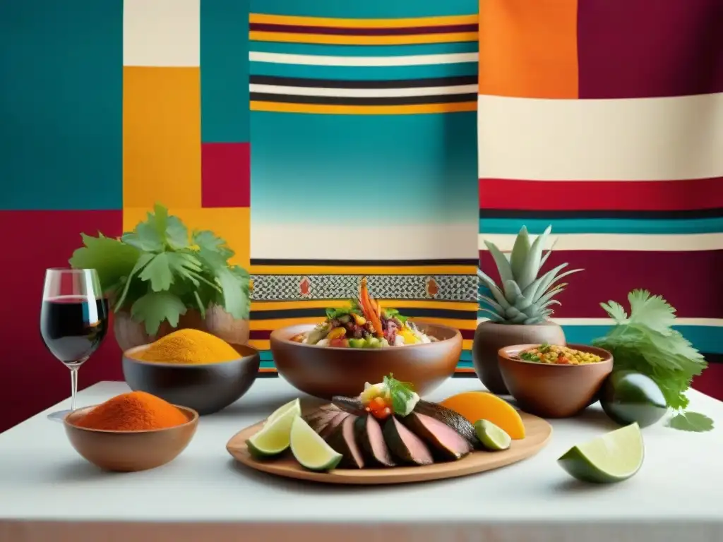 Una mesa exquisitamente decorada con maridaje vinos platos peruanos y detalles culturales