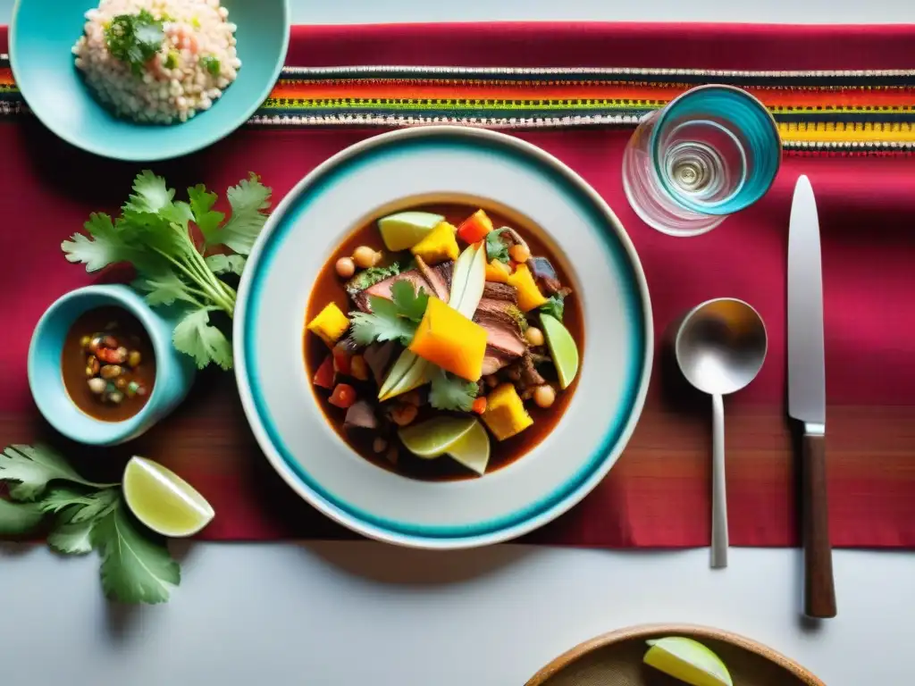 Una mesa exquisitamente decorada con platos peruanos, Pisco y vino, resaltando el maridaje perfecto