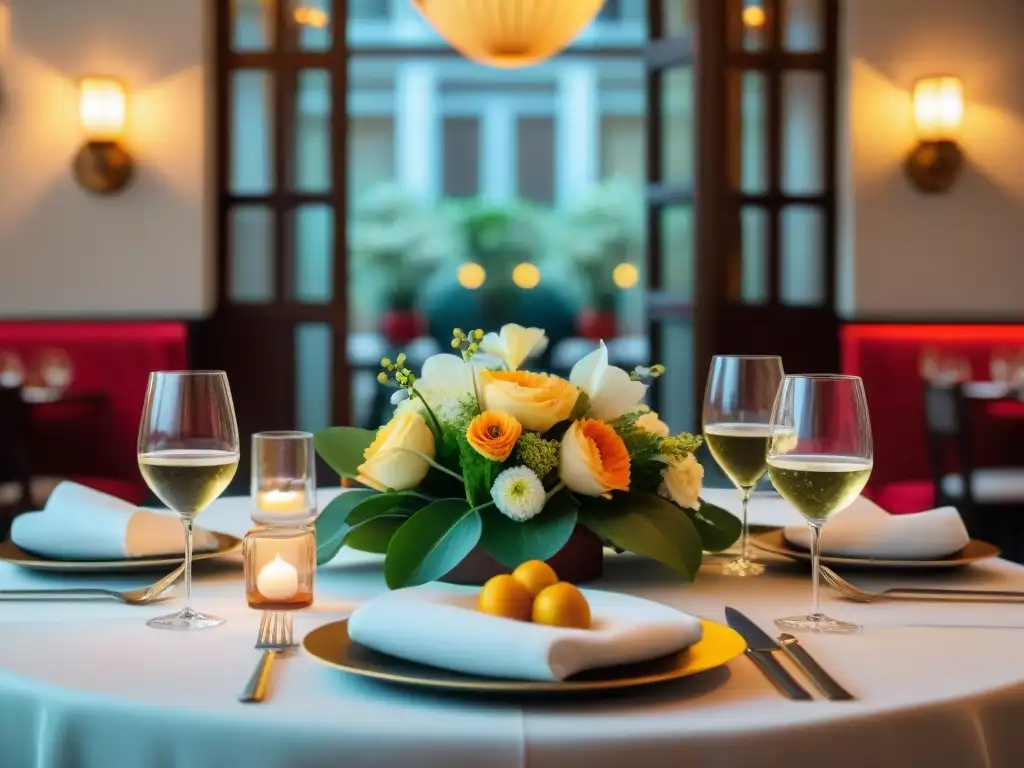 Una mesa elegantemente decorada en el restaurante Astrid y Gastón en Lima, Perú, en una noche romántica