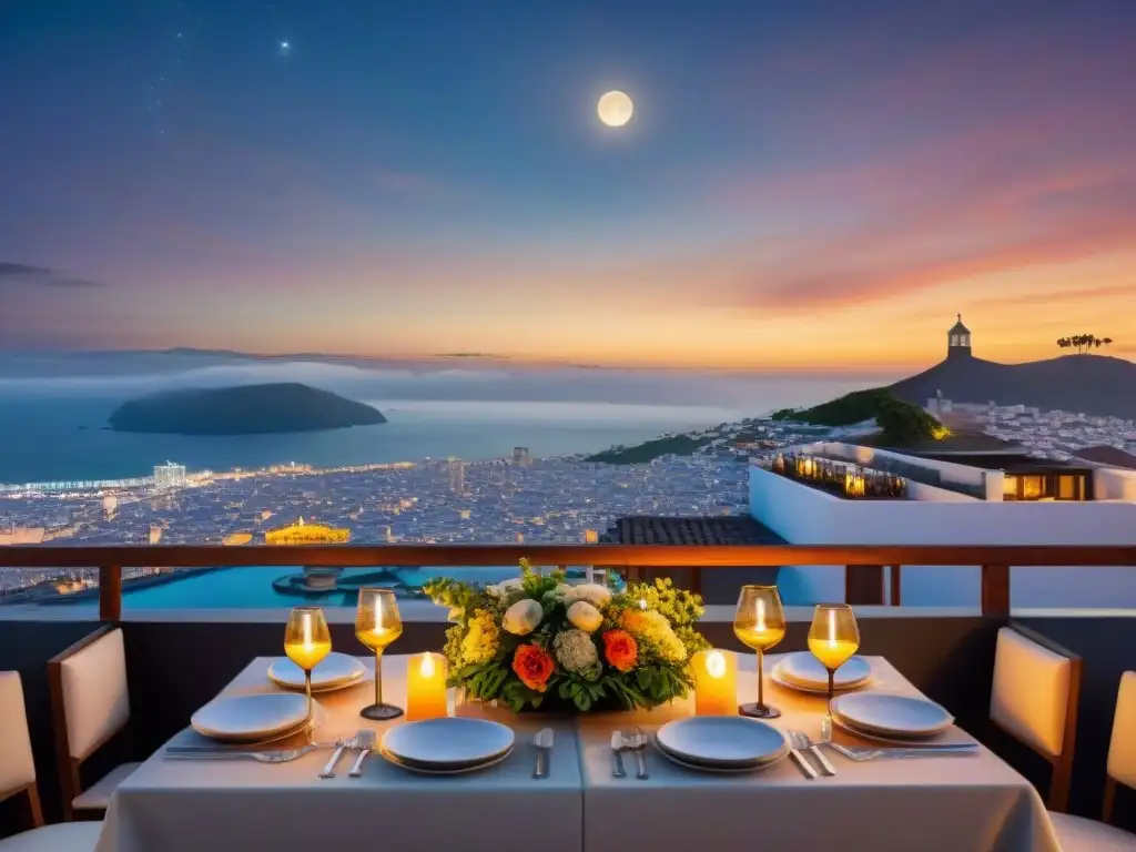 Una mesa elegantemente decorada en un rooftop de Lima, con vajilla fina y luz de velas, con vista a la ciudad