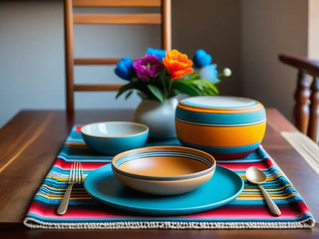 Una mesa bellamente decorada con vajilla tradicional peruana, textiles vibrantes y flores autóctonas