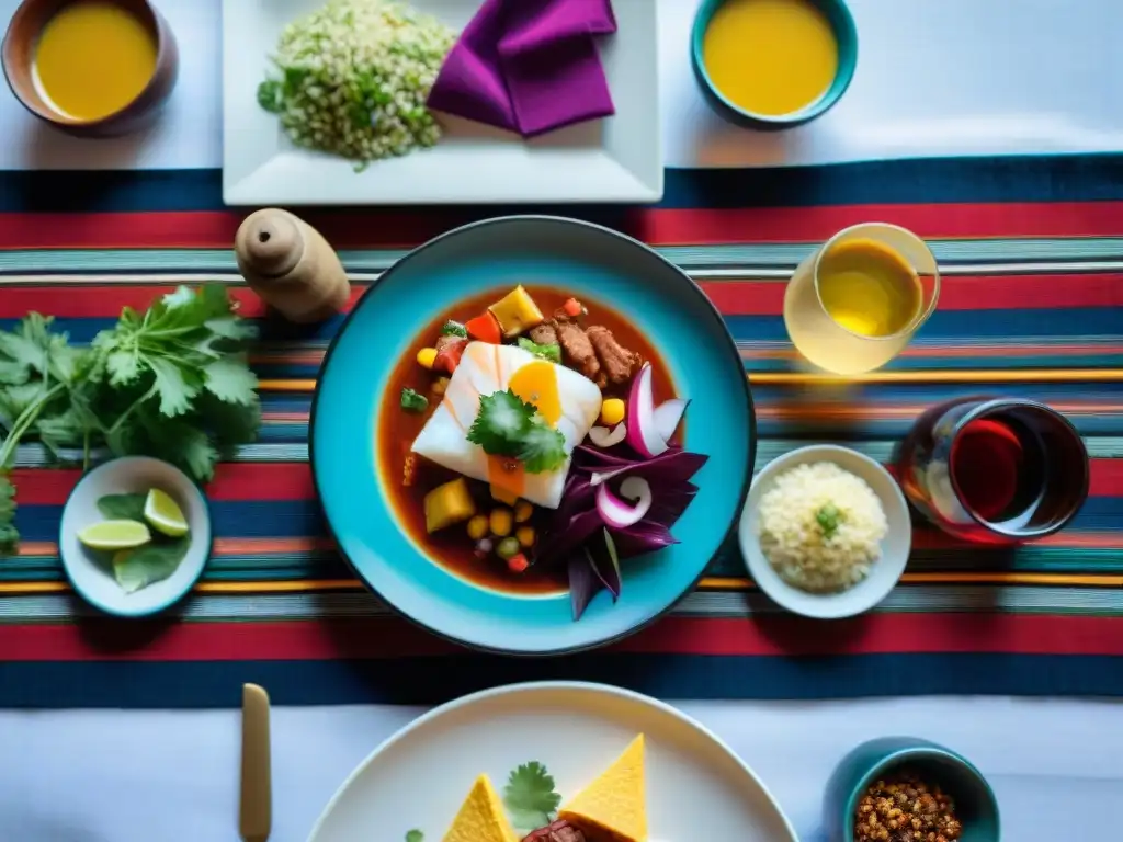 Una mesa elegante con platos peruanos y vinos, creando un maridaje perfecto