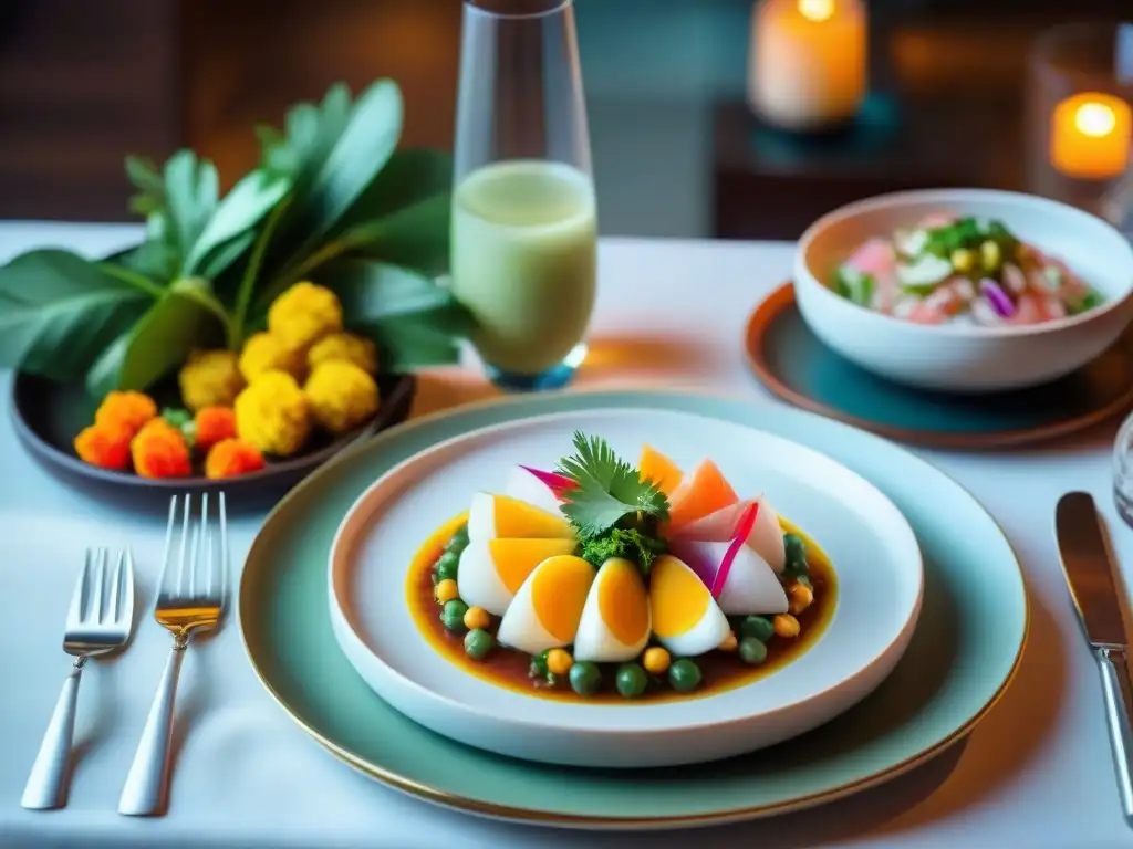 Una mesa elegante en un restaurante exclusivo en San Isidro, Lima, fusionando la gastronomía peruana con toques modernos