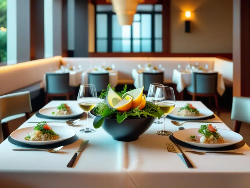 Una mesa elegante en un restaurante de lujo en Lima con exquisitos platos peruanos y vinos para cena de lujo en Lima