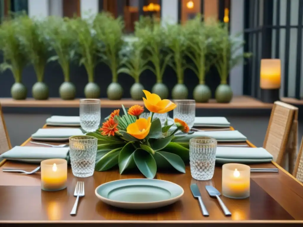 Una mesa elegante en un restaurante sostenible en Lima, con vajilla de materiales ecofriendly y flores frescas
