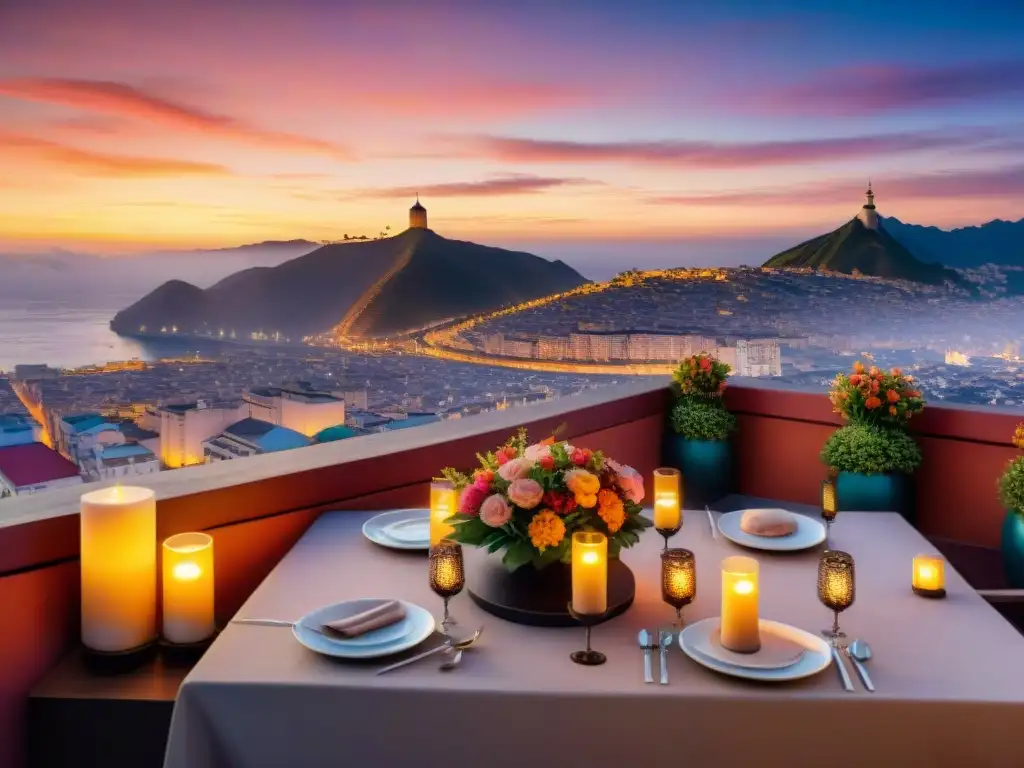 Una mesa elegante en un restaurante de Lima, con velas, flores y cubiertos, bajo un atardecer mágico