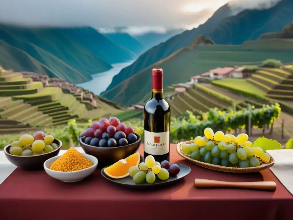 Una mesa elegante con variedad de Piscos y vinos peruanos, uvas coloridas